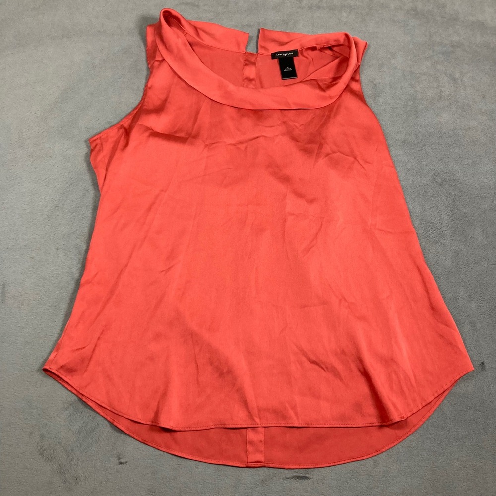 Ann Taylor Womens Medium Coral Orange Satin Cowl Neck Sleeveless Blouse Top